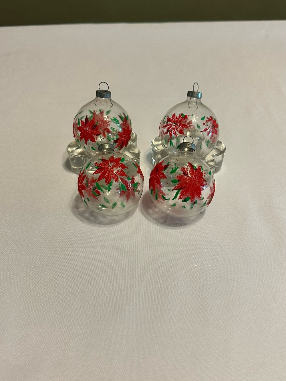 Vintage Clear Glass Christmas Ornaments with Red Poinsettia Design -